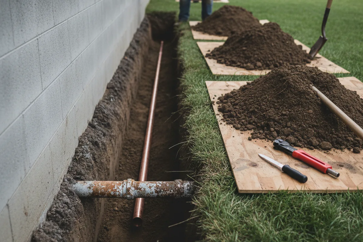 Excavated water line trench during Water Softener Installation in Panora